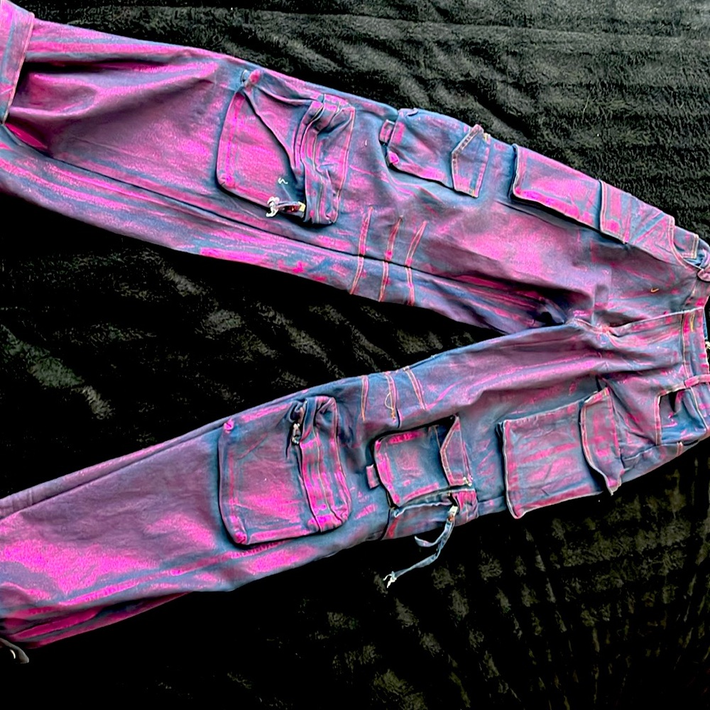 Purple metallic coated cargo pants.